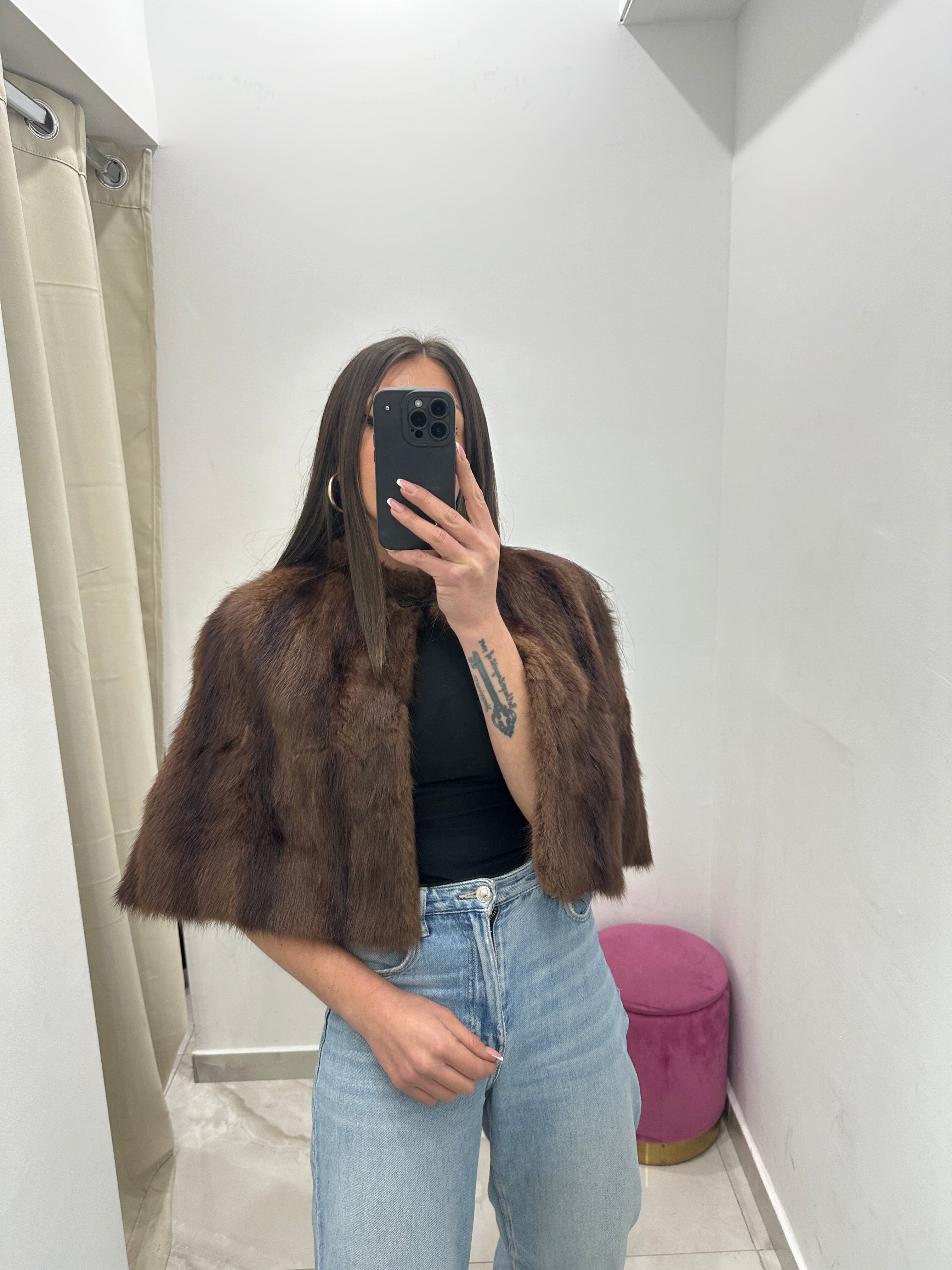 Mantellina di pelliccia vera vintage marrone