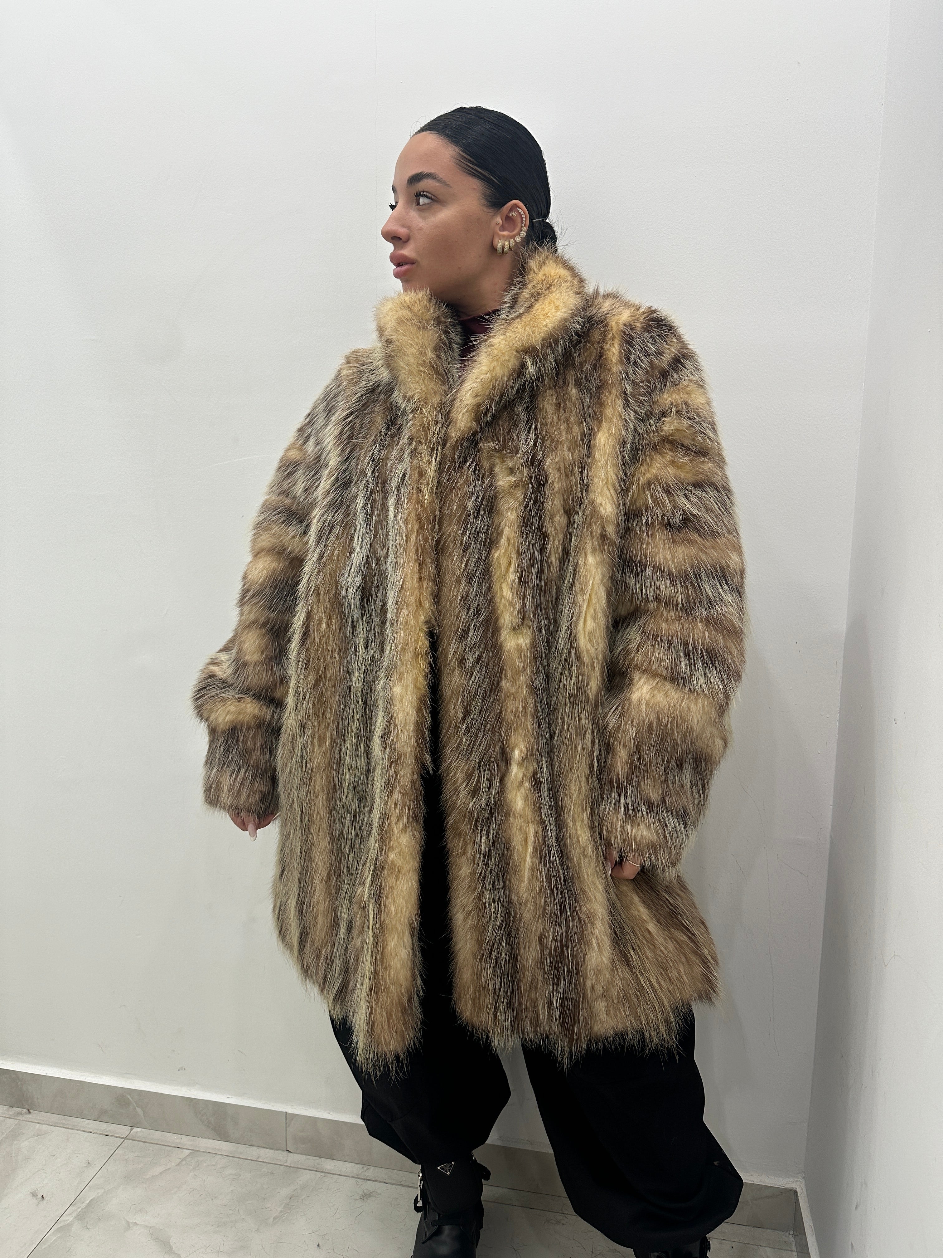 Pelliccia vera vintage panna e grigia sfumata