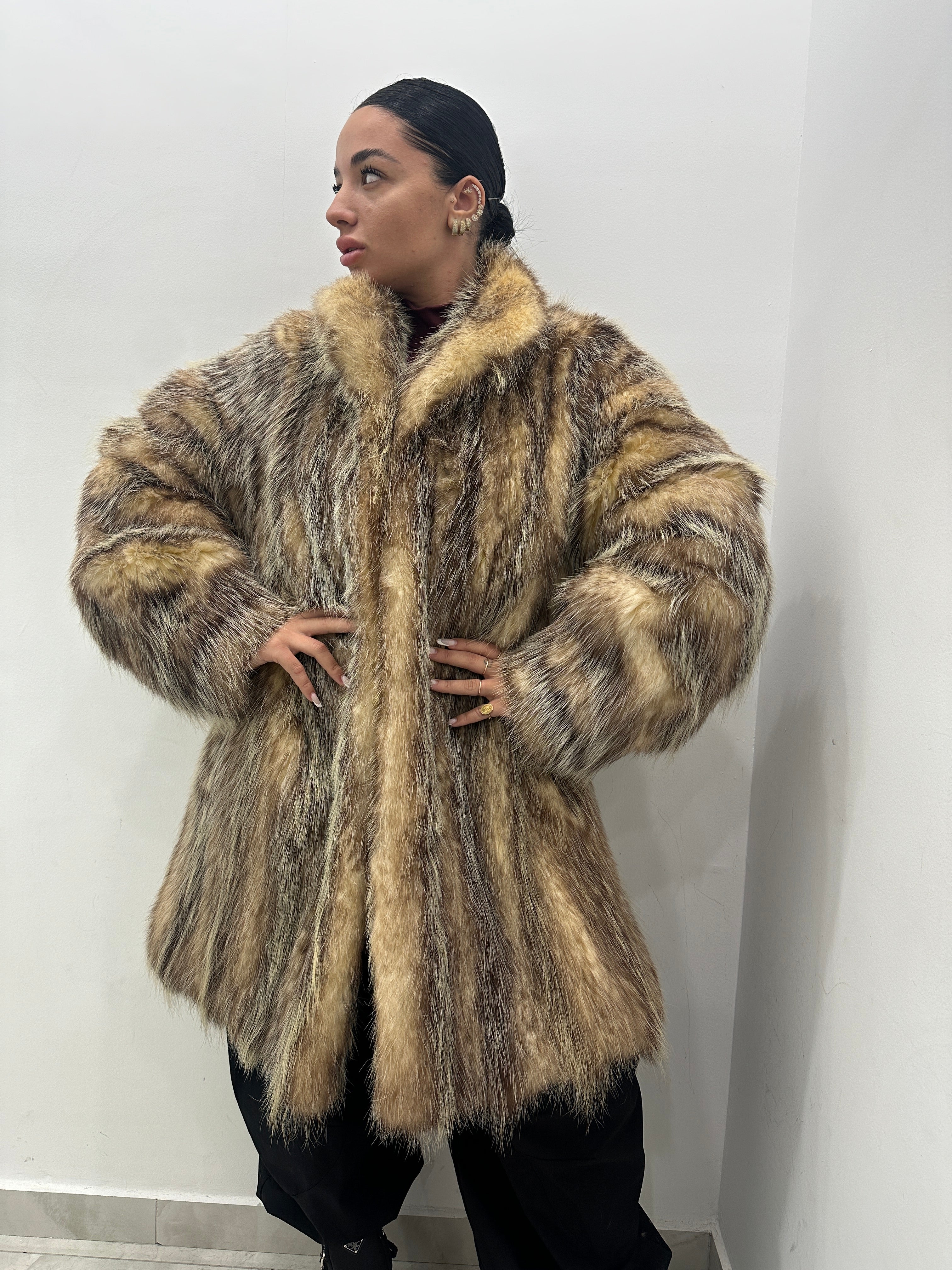 Pelliccia vera vintage panna e grigia sfumata